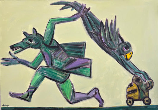 Original Acryl-Malerei, Gemälde von Wolf-Dieter-Pfennig, Titel „Der letzte glückliche Affe“ – expressive Darstellung einer Figur mit wolfsartigem Kopf, die rennend einen Adler trägt. Dieser hält mit seinem Flügel einen Affenkopf auf Rädern fest. - monochromer Hintergrund in blassem gelb - grau, zeichnerische Malweise in violett und grün - Acryl auf Leinwand, erhältlich bei What The Artist Made