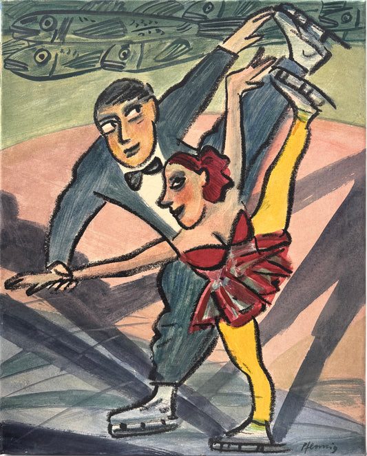 Original Acryl-Malerei, Gemälde von Wolf-Dieter-Pfennig, Titel „Die Fische schauen zu“ – expressive Darstellung von zwei Eisläufern, Frau in rotem Kleid, Mann in Anzug, Fische in grün im Hintergrund, Acryl auf Leinwand, erhältlich bei What The Artist Made