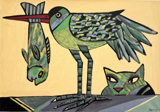Original Acryl-Malerei, Gemälde von Wolf-Dieter-Pfennig, Titel „Eine Variante von Trunkenheit“ – expressive Darstellung eines Vogels mit Fisch im Schnabel, dahinter eine Katze angedeutet, in Schwarz, Grau und Grün, Hintergrund goldfarben, Acryl auf Leinwand, erhältlich bei What The Artist Made