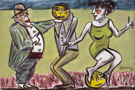 Original Acryl-Malerei, Gemälde von Wolf-Dieter-Pfennig, Titel „Einvernehmen mit den Selbstgesprächen und Achtung vor dem Können der Alten“ – expressive Darstellung von drei Personen, Mann mit Hut links, Frau in grünem Kleid rechts, mit grünem Hintergrund, Acryl auf Leinwand, erhältlich bei What The Artist Made