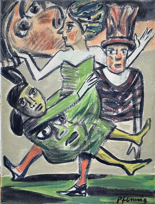 Original Acryl-Malerei, Gemälde von Wolf-Dieter-Pfennig, Titel „Entfesselte Erinnerungen“ – expressive Darstellung einer Gruppe, traumartiges Setting, Gesicht auf dem Kleid einer Person und im Hintergrund, Farbschwerpunkt in Grün, Acryl auf Leinwand, erhältlich bei What The Artist Made