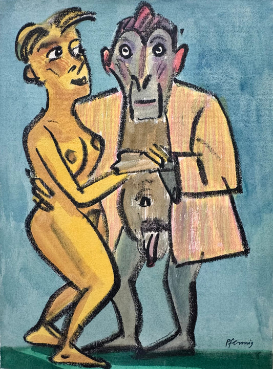 Original Acryl-Malerei, Gemälde von Wolf-Dieter-Pfennig, Titel „Er bittet zum Tanz“ – expressive Darstellung von Mann und Frau, beide nackt, aber Mann mit Sakko, monochromer Hintergrund in Blau, Acryl auf Leinwand, erhältlich bei What The Artist Made