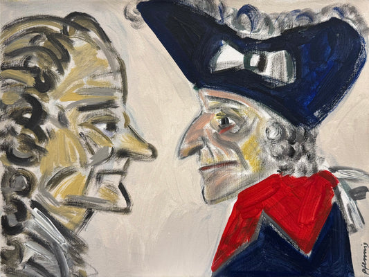 Original Acryl-Malerei, Gemälde von Wolf-Dieter-Pfennig, Titel „Er setzt Europa in Erstaunen und überschwemmt es mit Blut, macht es arm und macht Verse dazu. Voltaire“ – expressives Porträt vom Preußenkönig Friedrich II und Voltaire in Profilansicht, beide sich gegenüberstehend -  Monochromer Hintergrund in hellem Grau, Acryl auf Leinwand, erhältlich bei What The Artist Made