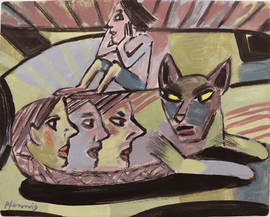 Original Acryl-Malerei, Gemälde von Wolf-Dieter-Pfennig, expressive Darstellung einer Katze, in deren Fell 3 Gesichter in Seitenprofil sind. Auf der Katze sitzt eine Person, den Kopf auf die Hände stützend. Gedeckte Farben, abstrakter Hintergrund - Acryl auf Leinwand, erhältlich bei Galerie Waldbach -  What The Artist Made