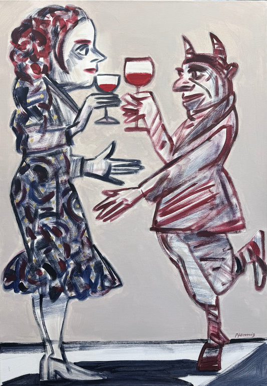 Original Acryl-Malerei, Gemälde von Wolf-Dieter-Pfennig, Titel „Leichter Wein, schwere Worte“ – expressive Darstellung einer Frau im blauen Kleid und eines Mannes mit Teufelshörnern. Beide stoßen mit Gläsern mit Wein an- monochromer Hintergrund in Grau, zeichnerische Malweise in blau und rot - Acryl auf Leinwand, erhältlich bei What The Artist Made