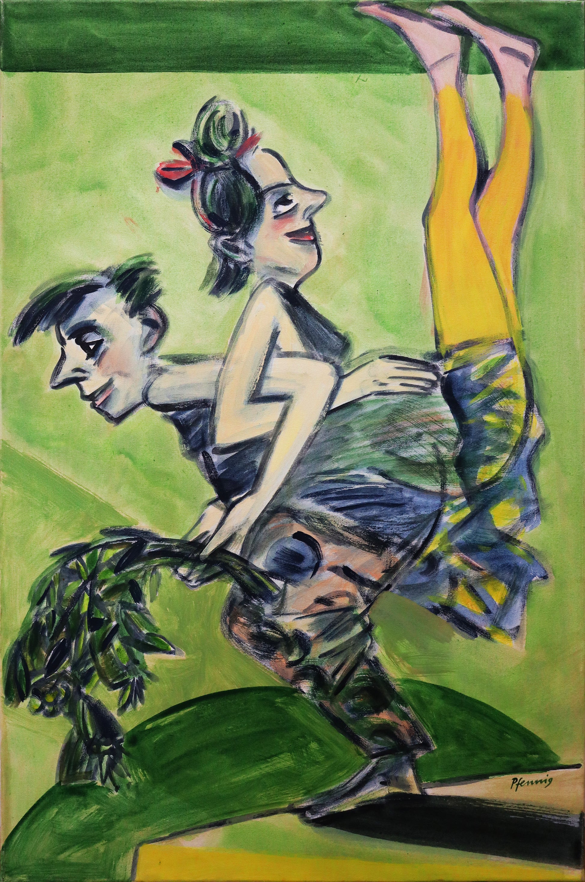 Original Acryl-Malerei, Gemälde von Wolf-Dieter-Pfennig, Titel „Nur eine Übung“ – expressive Darstellung: Artistenpaar  - Mann steht hockend und hält Zweige, Frau auf seinem Rücken liegend, die Beine in einer gelben Leggins nach oben gestreckt, grüner Hintergrund - Acryl auf Leinwand, erhältlich bei Galerie Waldbach -  What The Artist Made