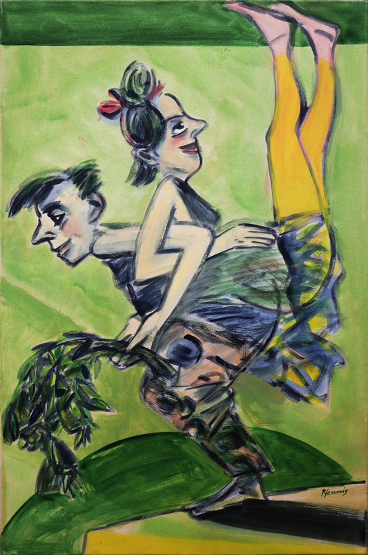 Original Acryl-Malerei, Gemälde von Wolf-Dieter-Pfennig, Titel „Nur eine Übung“ – expressive Darstellung: Artistenpaar  - Mann steht hockend und hält Zweige, Frau auf seinem Rücken liegend, die Beine in einer gelben Leggins nach oben gestreckt, grüner Hintergrund - Acryl auf Leinwand, erhältlich bei Galerie Waldbach -  What The Artist Made