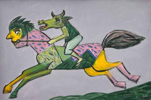 Original Acryl-Malerei, Gemälde von Wolf-Dieter-Pfennig, Titel „Ritter der Angst“ – expressive Darstellung eines Reiters auf pferdeartiger Gestalt, Pferd hat ein Menschengesicht und ist in Farben Grün, Gelb, Rosa/Blau - Reiter hat dazu ein Stierkopf, Monochromer Hintergrund in fliederfarben, violett, grau, Acryl auf Leinwand, erhältlich bei What The Artist Made