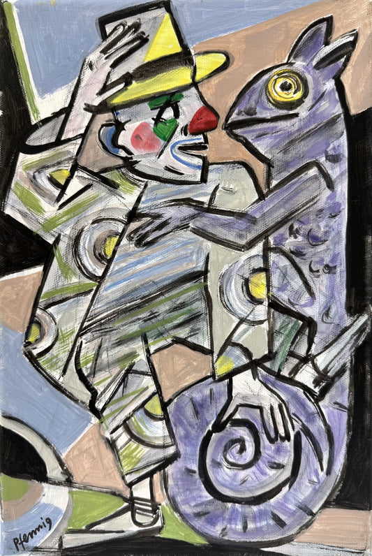 Original Acryl-Malerei, Gemälde von Wolf-Dieter-Pfennig, Titel „Vergebliche Anreden und ein gelähmtes Herz“ – expressive Darstellung eines Clowns mit gelbem Hut, mit blau violettem Chamäleon, kubistischer Hintergrund, Acryl auf Leinwand, erhältlich bei What The Artist Made