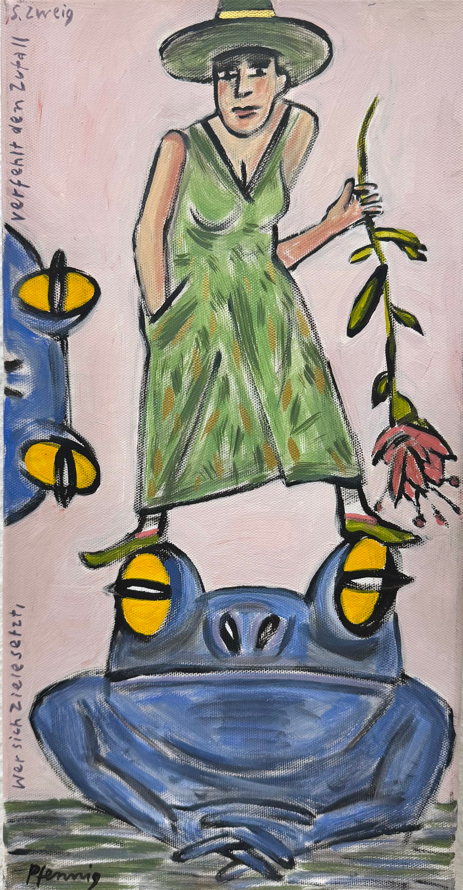 Original Acryl-Malerei, Gemälde von Wolf-Dieter-Pfennig, Titel „Wer sich Ziele setzt, geht dem Zufall vorbei. S.Zweig“ – expressive Darstellung einer Frau in grünem Kleid und Blume in der Hand auf blauem Frosch, Kröte, links eine weitere Kröte reinschauend, Acryl auf Leinwand, erhältlich bei What The Artist Made
