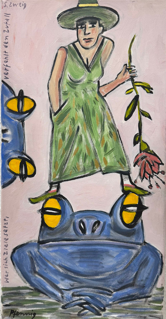 Original Acryl-Malerei, Gemälde von Wolf-Dieter-Pfennig, Titel „Wer sich Ziele setzt, geht dem Zufall vorbei. S.Zweig“ – expressive Darstellung einer Frau in grünem Kleid und Blume in der Hand auf blauem Frosch, Kröte, links eine weitere Kröte reinschauend, Acryl auf Leinwand, erhältlich bei What The Artist Made