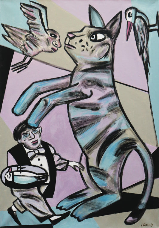 Original Acrylmalerei von Wolf-Dieter-Pfennig, Titel „Frischer Morgen“   – expressive Darstellung einer Katze, stehend auf zwei Beinen, gestreiftes, buntes Fell. Vor ihr ein Vogel fliegend, mit menschlichem Gesicht. Ein zweiter hinter ihr auf dem Rand der Leinwand sitzend. Vor der Katze läuft ein Kellner mit einem toten Vogel auf dem Tablett. In Türkis, Schwarz, Beige, Altrosa. Acryl  auf Leinwand, signiert, erhältlich bei Galerie Waldbach, What the Artist Made