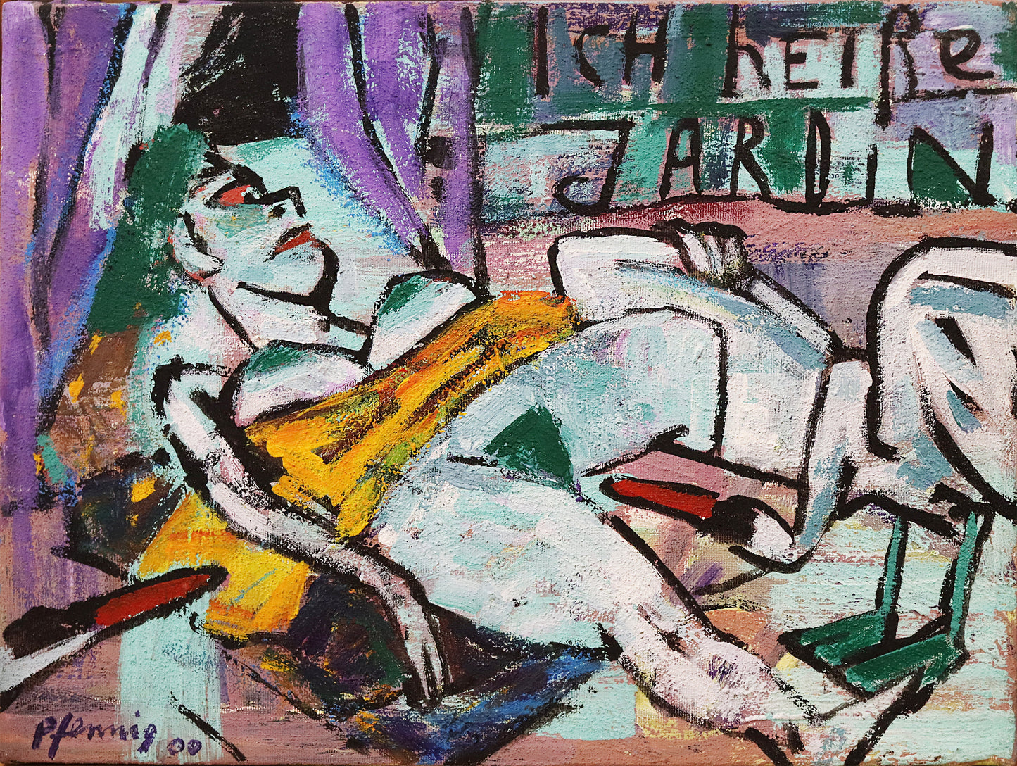 Original Acrylmalerei von Wolf-Dieter-Pfennig, Titel „Im Garten“   – expressive Darstellung einer unbekleideten Frau, liegend, die Beine gespreizt. Vor ihr steht ein Schwan und schaut in ihren Intimbereich. Links im Bild ein weiterer Schwanenkopf in die Szenerie schauend. Rechts vom Bettvorhang steht geschrieben „Ich heiße Jardin“. Inspiriert von Gemälde - Abbildung auf der Rückseite. In violett, grün, weiß und gelb. Acryl  auf Leinwand, signiert, erhältlich bei Galerie Waldbach, What the Artist Made