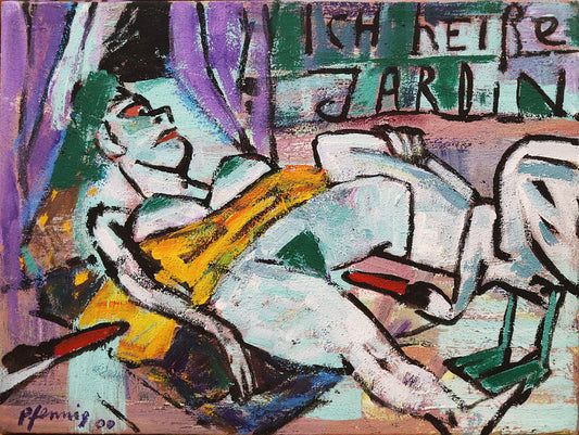 Original Acrylmalerei von Wolf-Dieter-Pfennig, Titel „Im Garten“   – expressive Darstellung einer unbekleideten Frau, liegend, die Beine gespreizt. Vor ihr steht ein Schwan und schaut in ihren Intimbereich. Links im Bild ein weiterer Schwanenkopf in die Szenerie schauend. Rechts vom Bettvorhang steht geschrieben „Ich heiße Jardin“. Inspiriert von Gemälde - Abbildung auf der Rückseite. In violett, grün, weiß und gelb. Acryl  auf Leinwand, signiert, erhältlich bei Galerie Waldbach, What the Artist Made