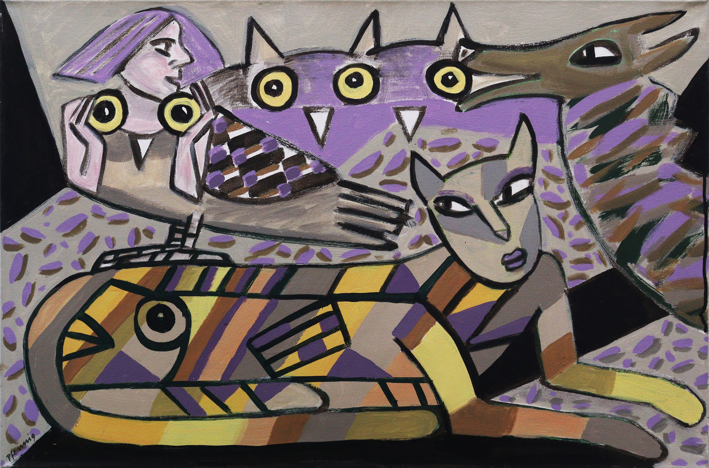 Original Acrylmalerei von Wolf-Dieter-Pfennig, Titel „Nächtliche Beobachter“   – expressive Darstellung einer Katze, liegend, bunt gestreiftes, gemustertes Fell. Dahinter Andeutung zweier Eulen, einer Frau, die ein paar Augen hält neben den Augen der Eulen. Rechts Kopf eines Hundes oder Wolfs, seitlich ins Bild schauend. In Violett, Ocker, Schwarz und Grau. Acryl  auf Leinwand, signiert, erhältlich bei Galerie Waldbach, What the Artist Made
