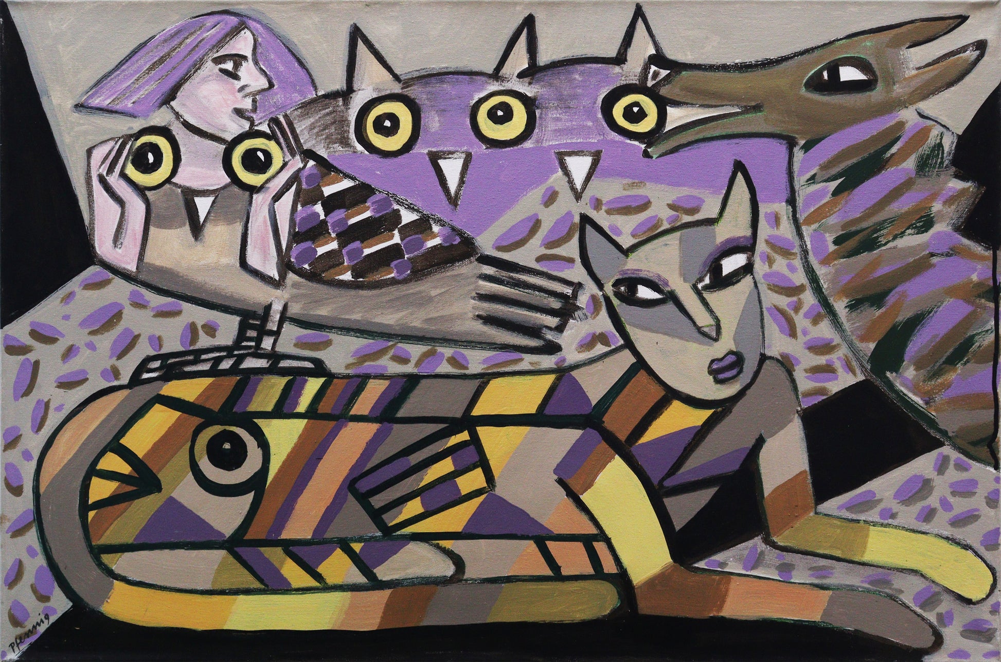 Original Acrylmalerei von Wolf-Dieter-Pfennig, Titel „Nächtliche Beobachter“   – expressive Darstellung einer Katze, liegend, bunt gestreiftes, gemustertes Fell. Dahinter Andeutung zweier Eulen, einer Frau, die ein paar Augen hält neben den Augen der Eulen. Rechts Kopf eines Hundes oder Wolfs, seitlich ins Bild schauend. In Violett, Ocker, Schwarz und Grau. Acryl  auf Leinwand, signiert, erhältlich bei Galerie Waldbach, What the Artist Made