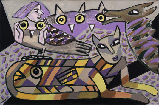 Original Acrylmalerei von Wolf-Dieter-Pfennig, Titel „Nächtliche Beobachter“   – expressive Darstellung einer Katze, liegend, bunt gestreiftes, gemustertes Fell. Dahinter Andeutung zweier Eulen, einer Frau, die ein paar Augen hält neben den Augen der Eulen. Rechts Kopf eines Hundes oder Wolfs, seitlich ins Bild schauend. In Violett, Ocker, Schwarz und Grau. Acryl  auf Leinwand, signiert, erhältlich bei Galerie Waldbach, What the Artist Made