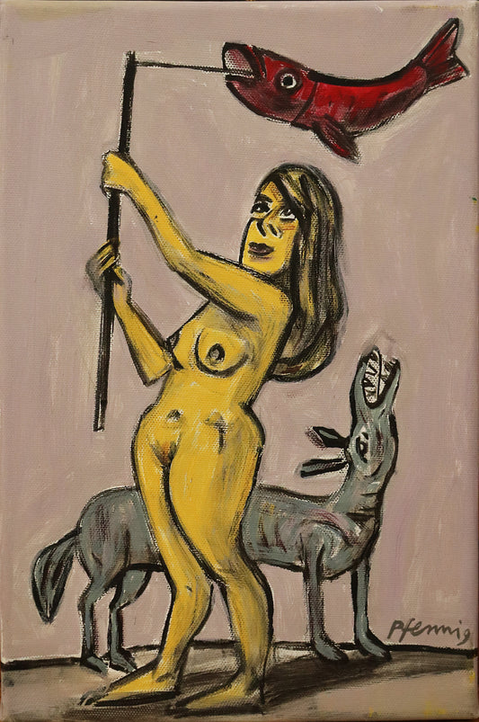 Original Acrylmalerei von Wolf-Dieter-Pfennig, Titel „Räubergeschichten und verbotener Fang“   – expressive Darstellung einer unbekleideten Frau, stehend, eine Stange in beiden Händen hoch haltend. An der Stange ist ein Fisch an einer Schnur befestigt. Hinter der Frau ein grauer Wolf, heulend. Acryl  auf Leinwand, signiert, erhältlich bei Galerie Waldbach, What the Artist Made