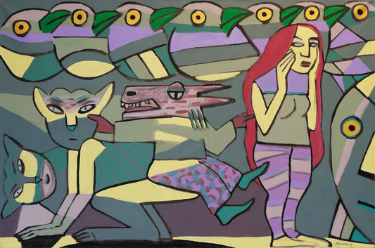 Original Acrylmalerei von Wolf-Dieter-Pfennig, Titel „Die unglückliche Ornithologin“   – expressive Darstellung einer Frau mit langen roten Haaren, stehend, das Gesicht in den Händen haltend, neben sich schauend. Eine Figur mit Drachenkopf sitzt auf einer katzenartigen Figur, im Hintergrund Vögel. In violett, Schwarz, graustufen, gelb, rot, rosa. Acryl  auf Leinwand, signiert, erhältlich bei Galerie Waldbach, What the Artist Made