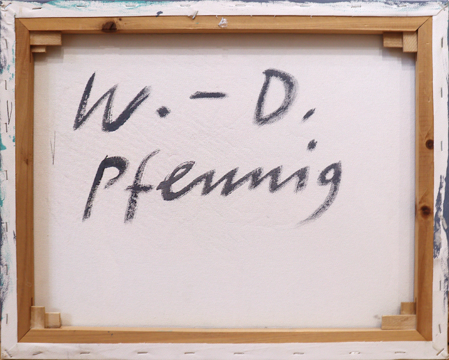 Original Acrylmalerei von Wolf-Dieter-Pfennig, ohne Titel  –  Ansicht der Rückseite mit Signatur „W.-D. Pfennig“ auf die Leinwandrückseite geschrieben. Acryl  auf Leinwand, signiert, erhältlich bei Galerie Waldbach, What the Artist made