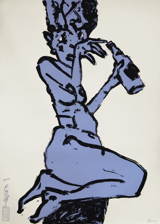 Druck Edition Trodler, von Wolf-Dieter Pfennig, Titel „Absinthtrinkerin“ – expressives Porträt einer Frau als Akt mit Absinthflasche, hellviolett und schwarz, mit Vignette von Trodler und Exemplar-Nummer, signiert, erhältlich bei Galerie Waldbach - What The Artist Made