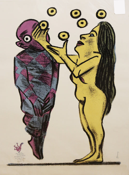 Druck Edition Trodler, von Wolf-Dieter Pfennig, Titel "Mit dem Auge des Hausmeisters" – expressive  Darstellung einer Figurm schwebend, in Kleidung mit Karomuster, rechts daneben stehend eine unbekleidete Frau, Bälle jonglierend, die wie Augen wirken. Unten links Vignette Edition Trodler und Signatur Pfennig. Erhältlich bei Galerie Waldbach - What The Artist Made