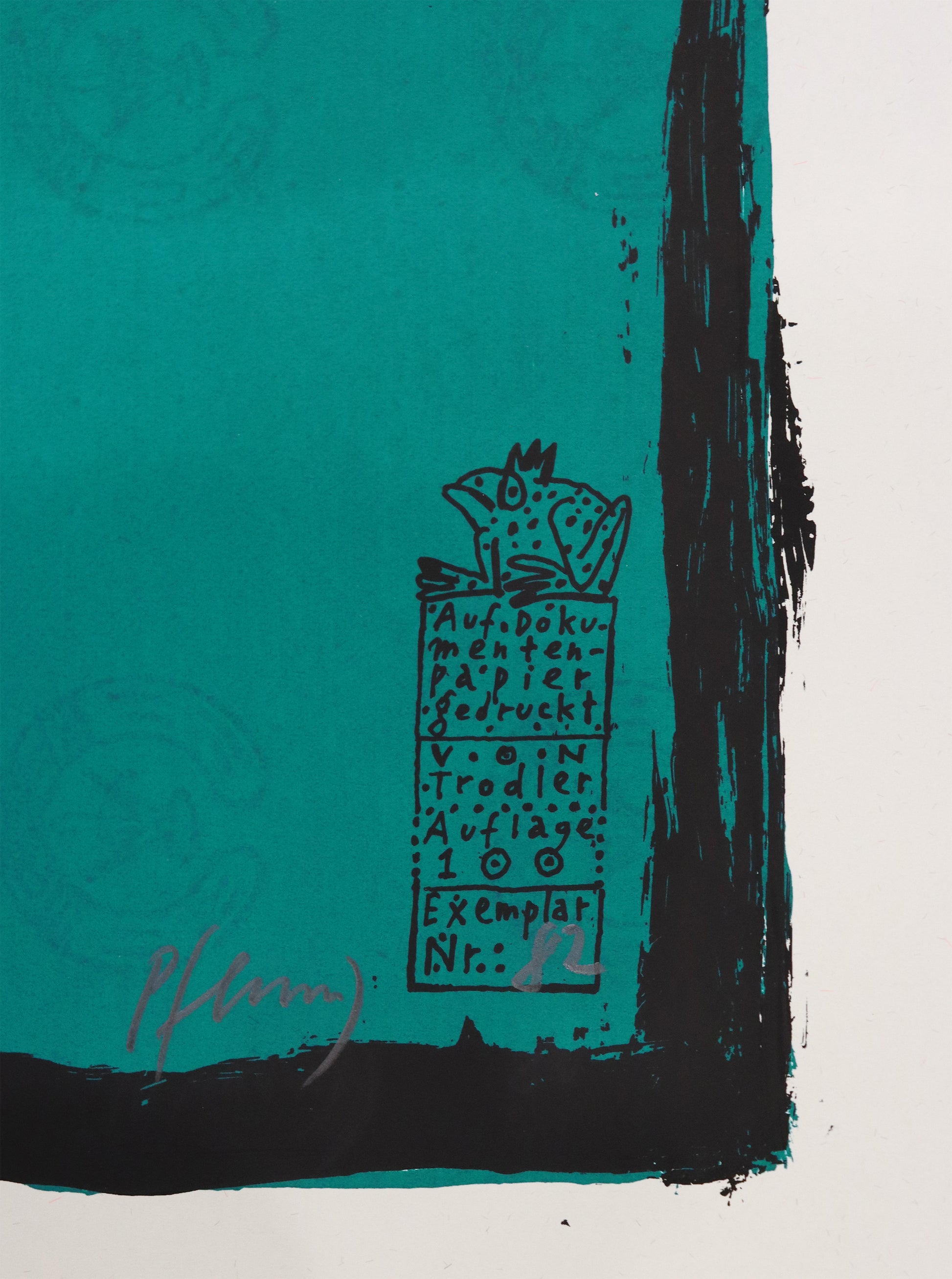 Druck Edition Trodler, von Wolf-Dieter Pfennig, Titel „Dame im Froschpelz“ – Detailaufnahme der Vignette von Trodler und Exemplarnummer, in dunklem Grün, Original Signatur Pfennig, Galerie Waldbach - What The Artist Made