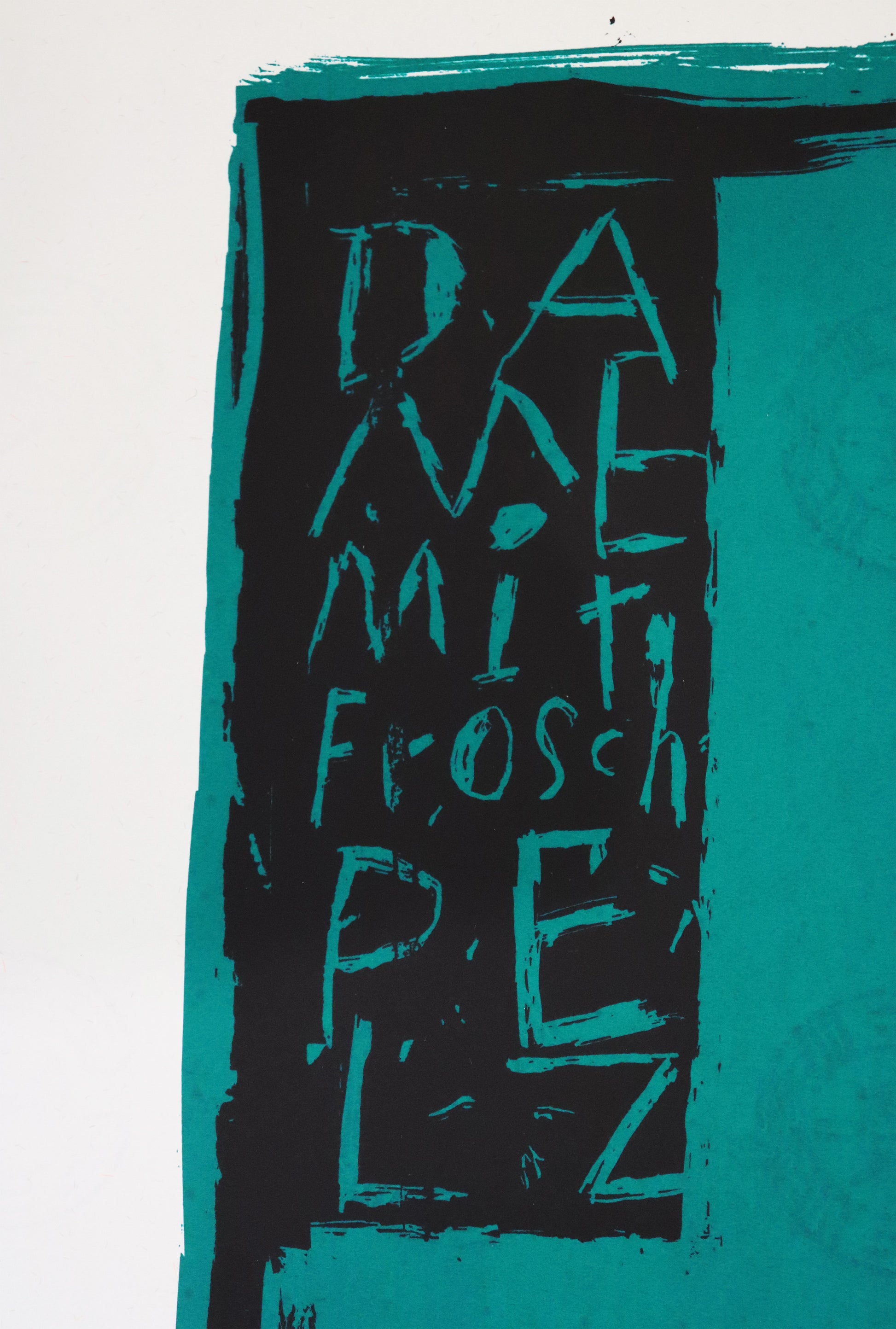 Druck Edition Trodler, von Wolf-Dieter Pfennig, Titel „Dame im Froschpelz“ – Detailaufnahme des Titels als Schriftzug oben links am Rand, Galerie Waldbach - What The Artist Made