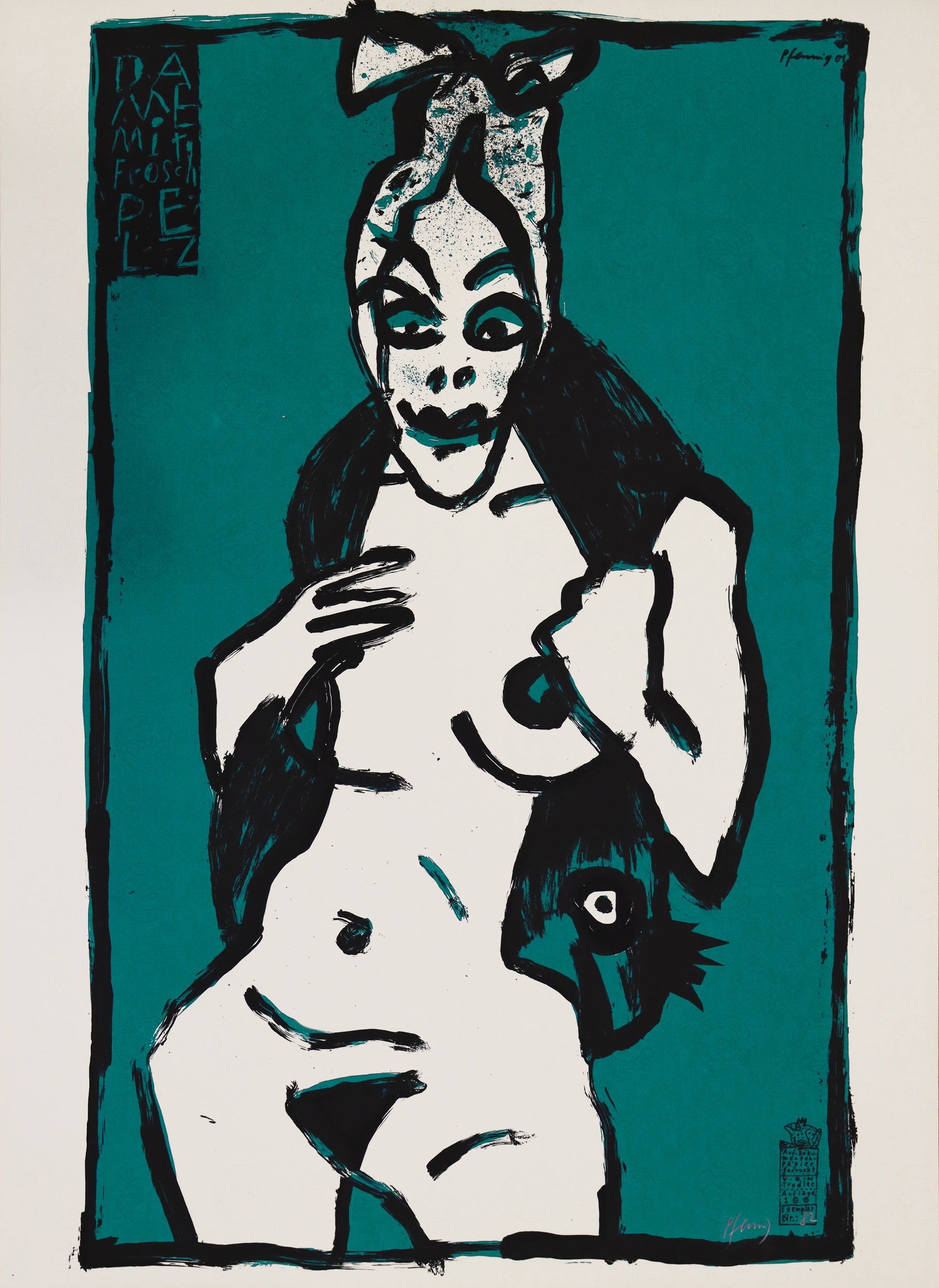 Druck Edition Trodler, von Wolf-Dieter Pfennig, Titel „Dame im Froschpelz“ – expressives Porträt einer Frau als  Akt, mit Pelz, angedeutet als Frosch, dunkles grün und schwarz, unten rechts Original Signatur Pfennig, gedruckte Signatur Trodler, erhältlich bei Galerie Waldbach - What The Artist Made 