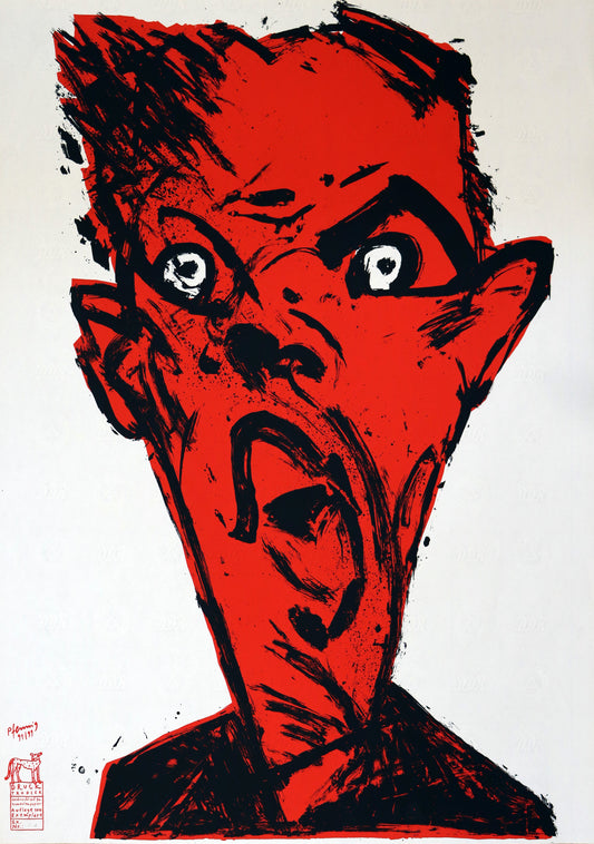 Druck Edition Trodler, von Wolf-Dieter Pfennig, Titel „Der Rufer“ – expressives Porträt eines Mannes mit aufgerissenen Augen und Mund, in rot und schwarz, mit Vignette von Trodler und Exemplar-Nummer, erhältlich bei Galerie Waldbach - What The Artist Made