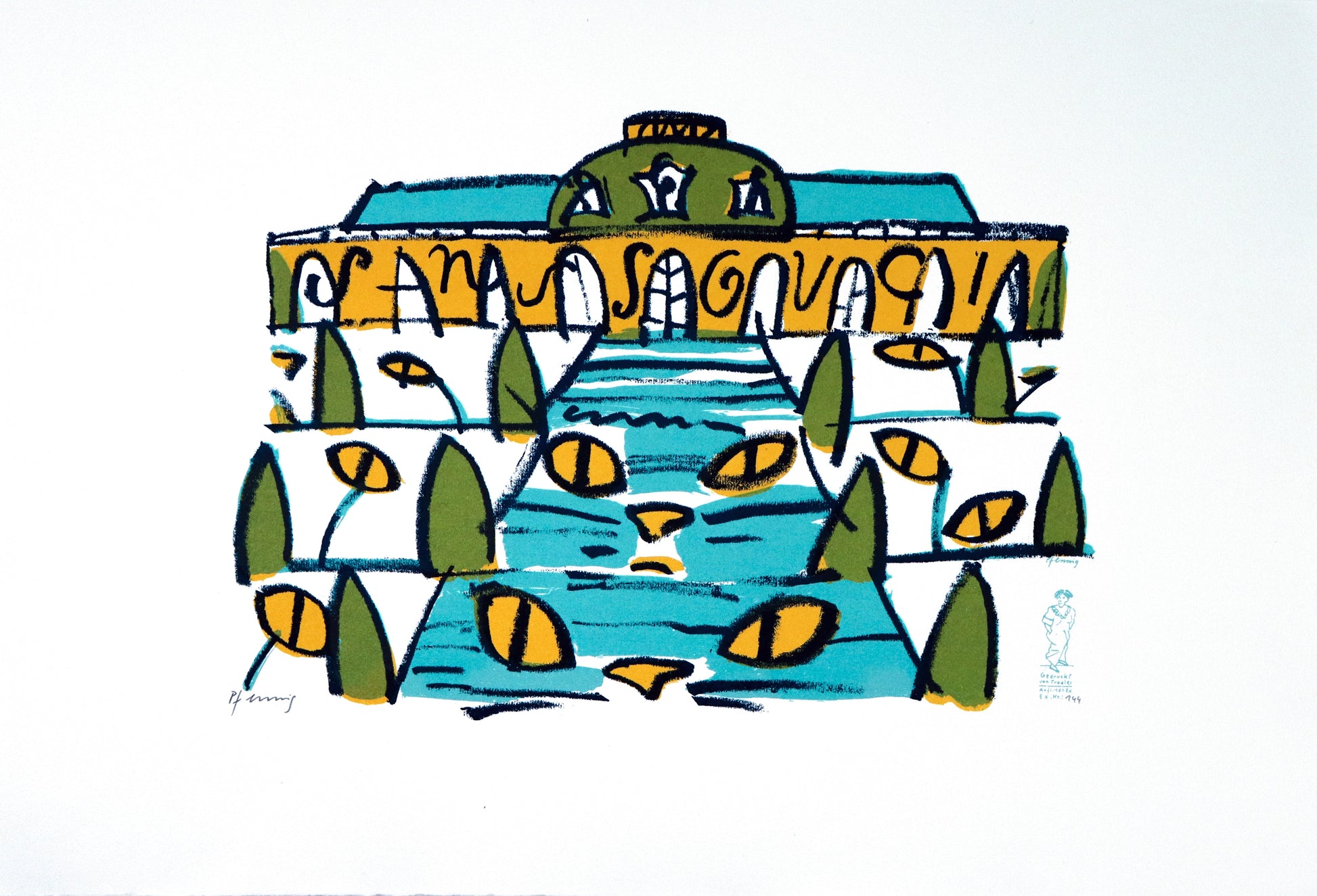 Druck Edition Trodler, von Wolf-Dieter Pfennig, Titel „Katzenaugen Sanssouci“ – Aufblick zu Schloss Sanssouci  mit barocker Architektur im Hintergrund und Titel "Sanssouci" im Schlossgebäude, Katzenaugen und -gesichter in den Treppen und Terassen, erhältlich bei What The Artist Made