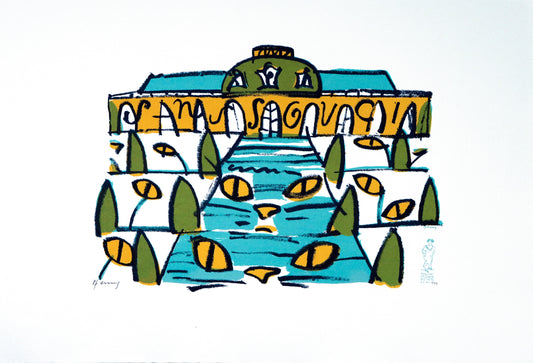 Druck Edition Trodler, von Wolf-Dieter Pfennig, Titel „Katzenaugen Sanssouci“ – Aufblick zu Schloss Sanssouci  mit barocker Architektur im Hintergrund und Titel "Sanssouci" im Schlossgebäude, Katzenaugen und -gesichter in den Treppen und Terassen, erhältlich bei What The Artist Made