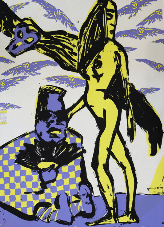 Druck Edition Trodler, von Wolf-Dieter Pfennig, Titel „Fototermin bei Velazques“ – expressives Porträt einer Gruppe: Frau stehend, nackt, Mann sitzend, Eule, mit Eulen  im Hintergrund, in schwarz, violett und gelb, mit Vignette von Trodler und Exemplar-Nummer, erhältlich bei Galerie Waldbach - What The Artist Made