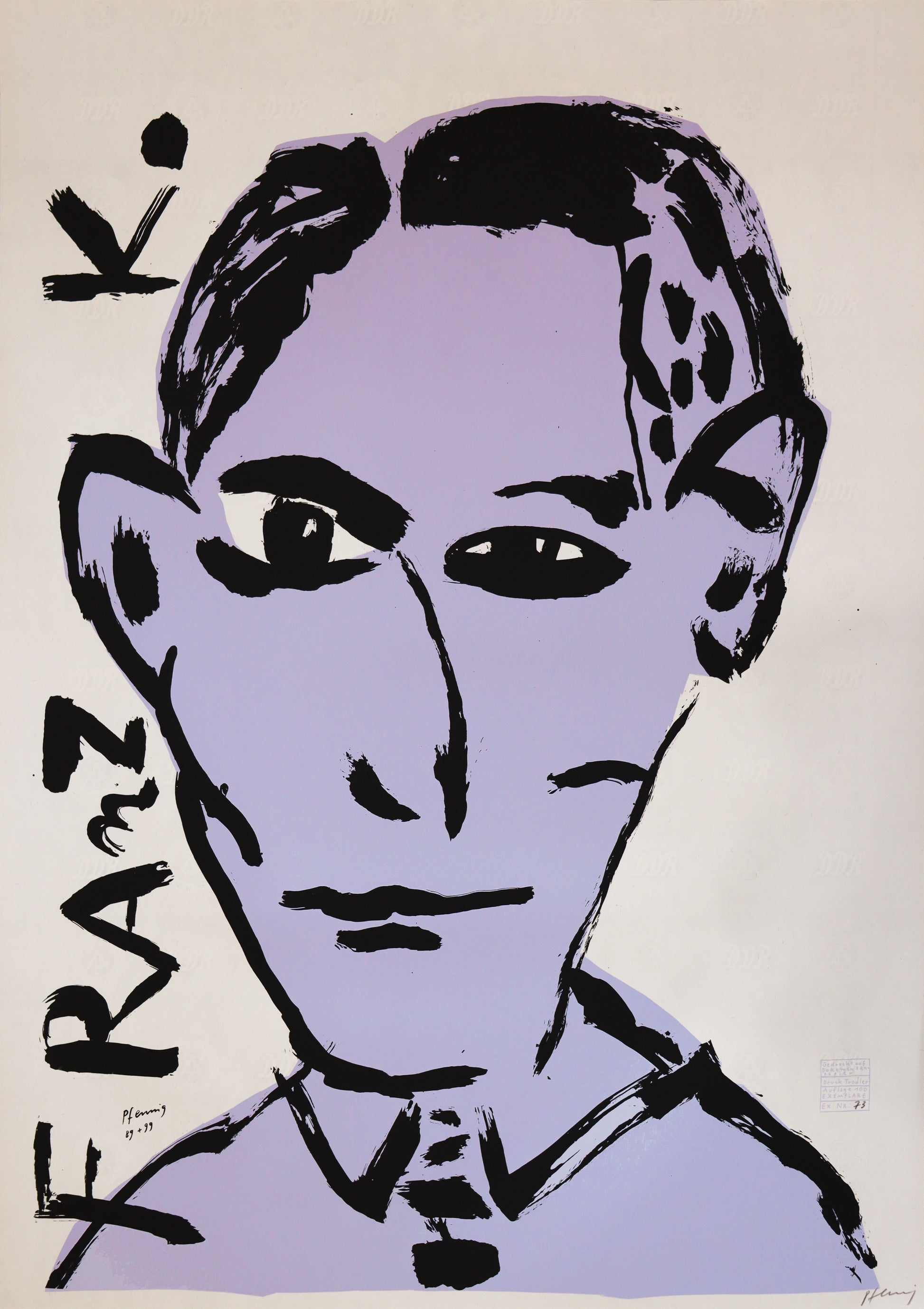 Druck Edition Trodler, von Wolf-Dieter Pfennig, Titel „Franz K.“ – expressives Porträt von Franz Kafka, hellviolett und schwarz, mit Vignette von Trodler und Exemplar-Nummer, erhältlich bei Galerie Waldbach - What The Artist Made