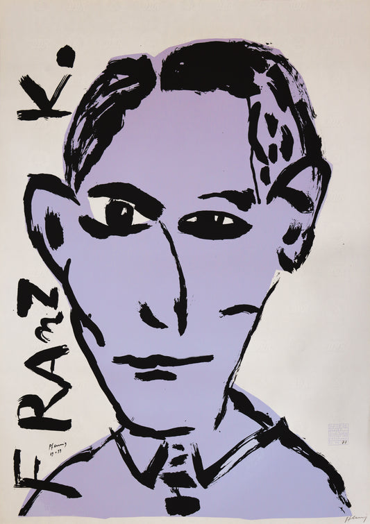Druck Edition Trodler, von Wolf-Dieter Pfennig, Titel „Franz K.“ – expressives Porträt von Franz Kafka, hellviolett und schwarz, mit Vignette von Trodler und Exemplar-Nummer, erhältlich bei Galerie Waldbach - What The Artist Made