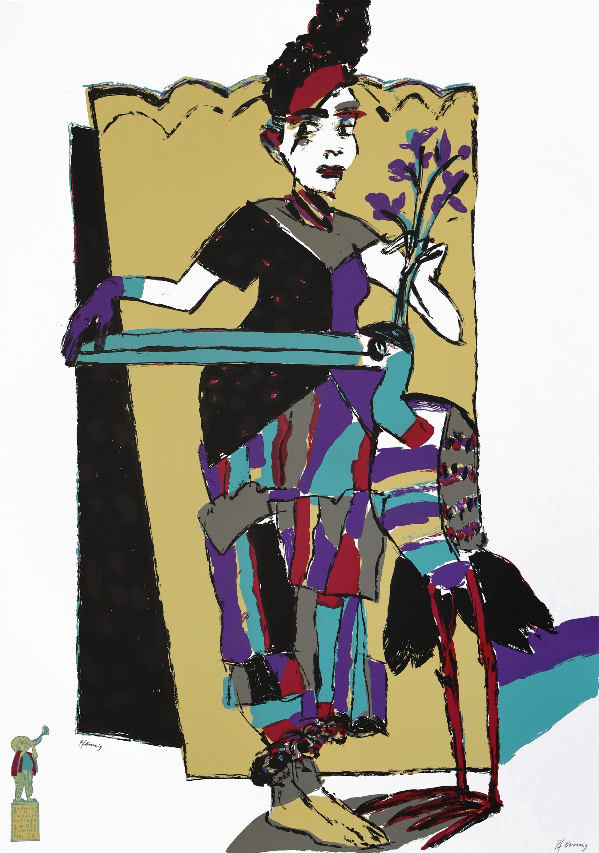 Druck Edition Trodler, von Wolf-Dieter Pfennig, Titel „Frau mit Vogel“ – expressives Porträt einer Frau und großem Paradiesvogel vor blassgelbem Hintergrundelement, unten links Vignette Trodler mit Exemplarnummer, rot, violett, blassgrün und schwarz, unten rechts Original Signatur Pfennig, erhältlich bei Galerie Waldbach - What The Artist Made 