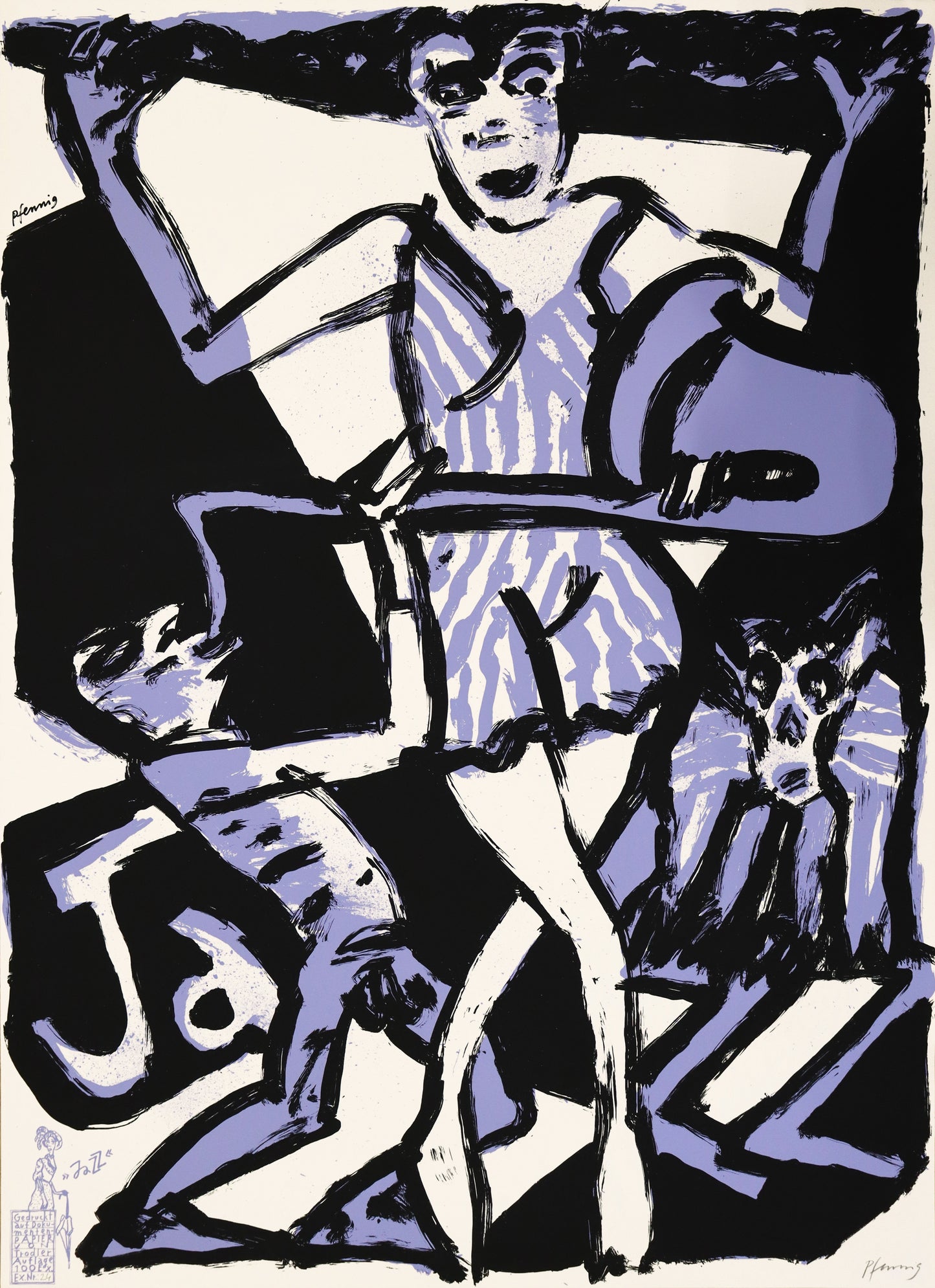 Druck Edition Trodler, von Wolf-Dieter Pfennig, Titel „Jazz“ – expressives Porträt von Frau und Saxophonspieler, mit "JAZZ" Schriftzug im Hintergrund, helles violett und schwarz, unten links gedruckte Signatur Trodler, unten rechts Original Signatur Pfennig, erhältlich bei Galerie Waldbach - What The Artist Made 