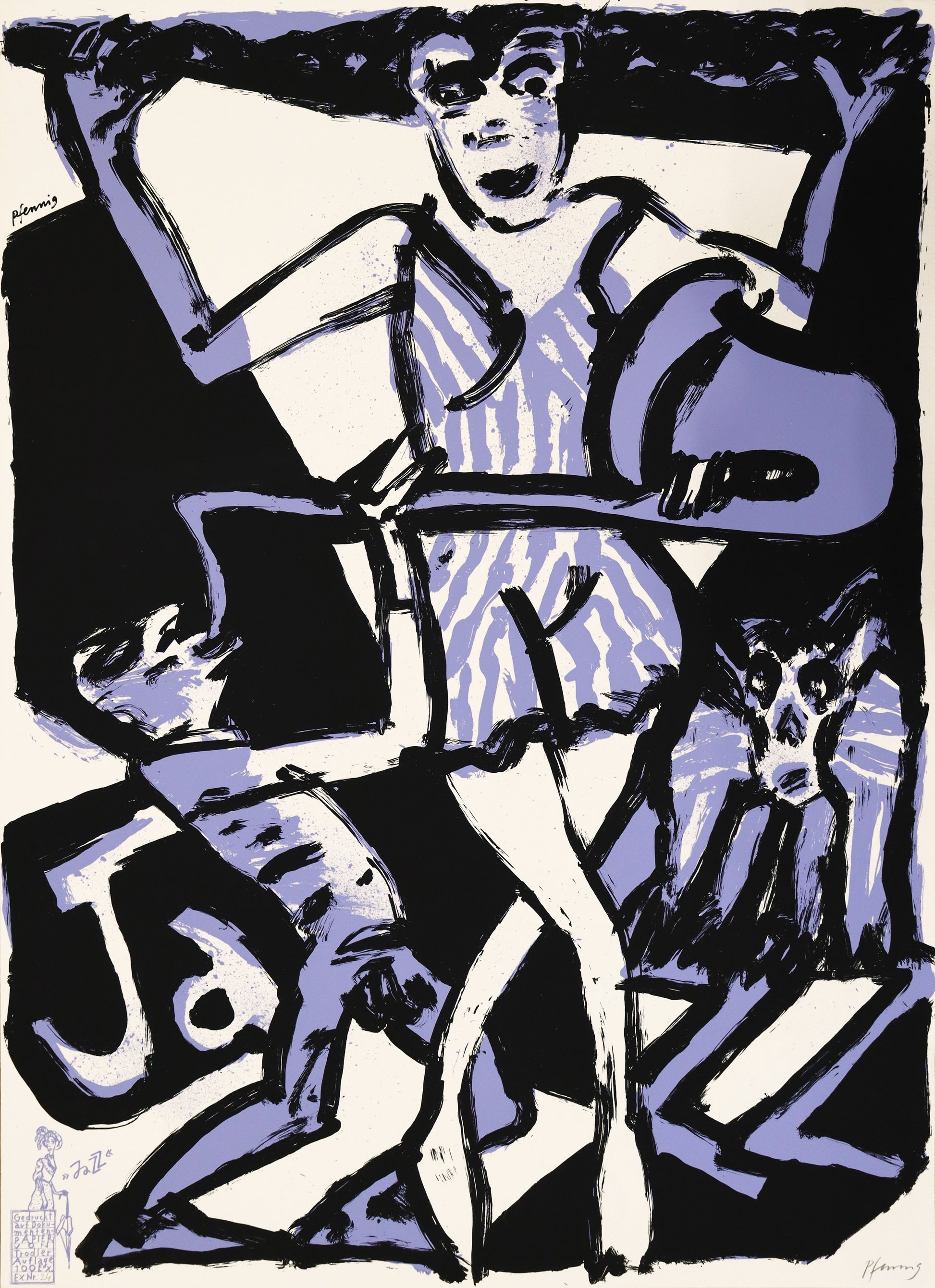 Druck Edition Trodler, von Wolf-Dieter Pfennig, Titel „Jazz“ – expressives Porträt von Frau und Saxophonspieler, mit "JAZZ" Schriftzug im Hintergrund, helles violett und schwarz, unten links gedruckte Signatur Trodler, unten rechts Original Signatur Pfennig, erhältlich bei Galerie Waldbach - What The Artist Made 