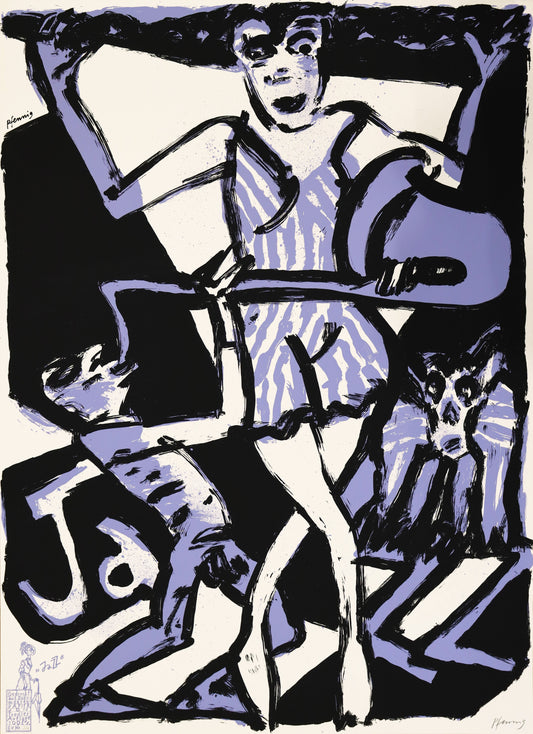 Druck Edition Trodler, von Wolf-Dieter Pfennig, Titel „Jazz“ – expressives Porträt von Frau und Saxophonspieler, mit "JAZZ" Schriftzug im Hintergrund, helles violett und schwarz, unten links gedruckte Signatur Trodler, unten rechts Original Signatur Pfennig, erhältlich bei Galerie Waldbach - What The Artist Made 