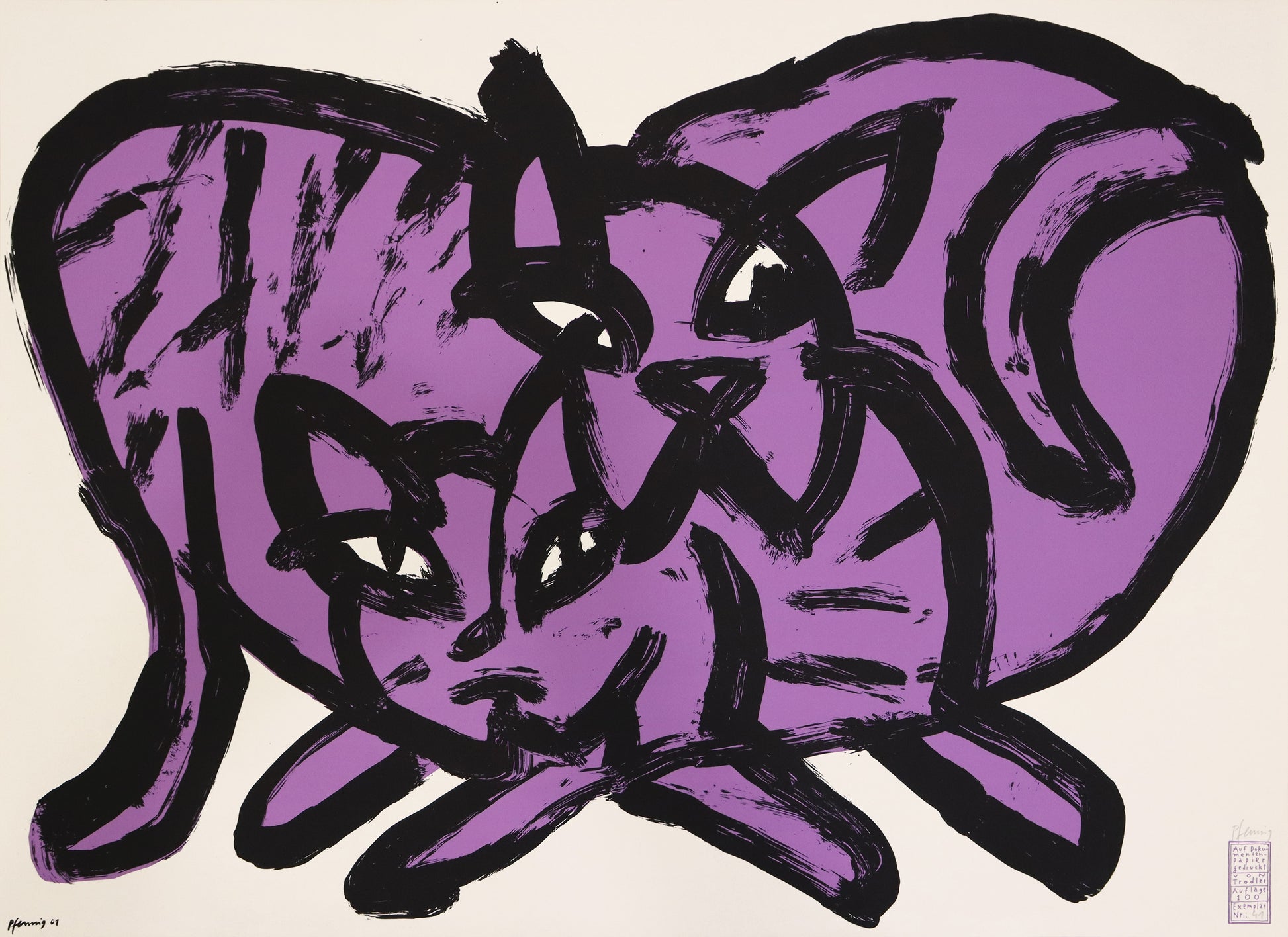 Druck Edition Trodler, von Wolf-Dieter Pfennig, Titel „Katzen, violett“ – expressives Porträt von zwei Katzen, violett und schwarz, unten links gedruckte Signatur Pfennig, unten rechts Original Signatur Pfennig, Signatur Trodler, erhältlich bei Galerie Waldbach - What The Artist Made 