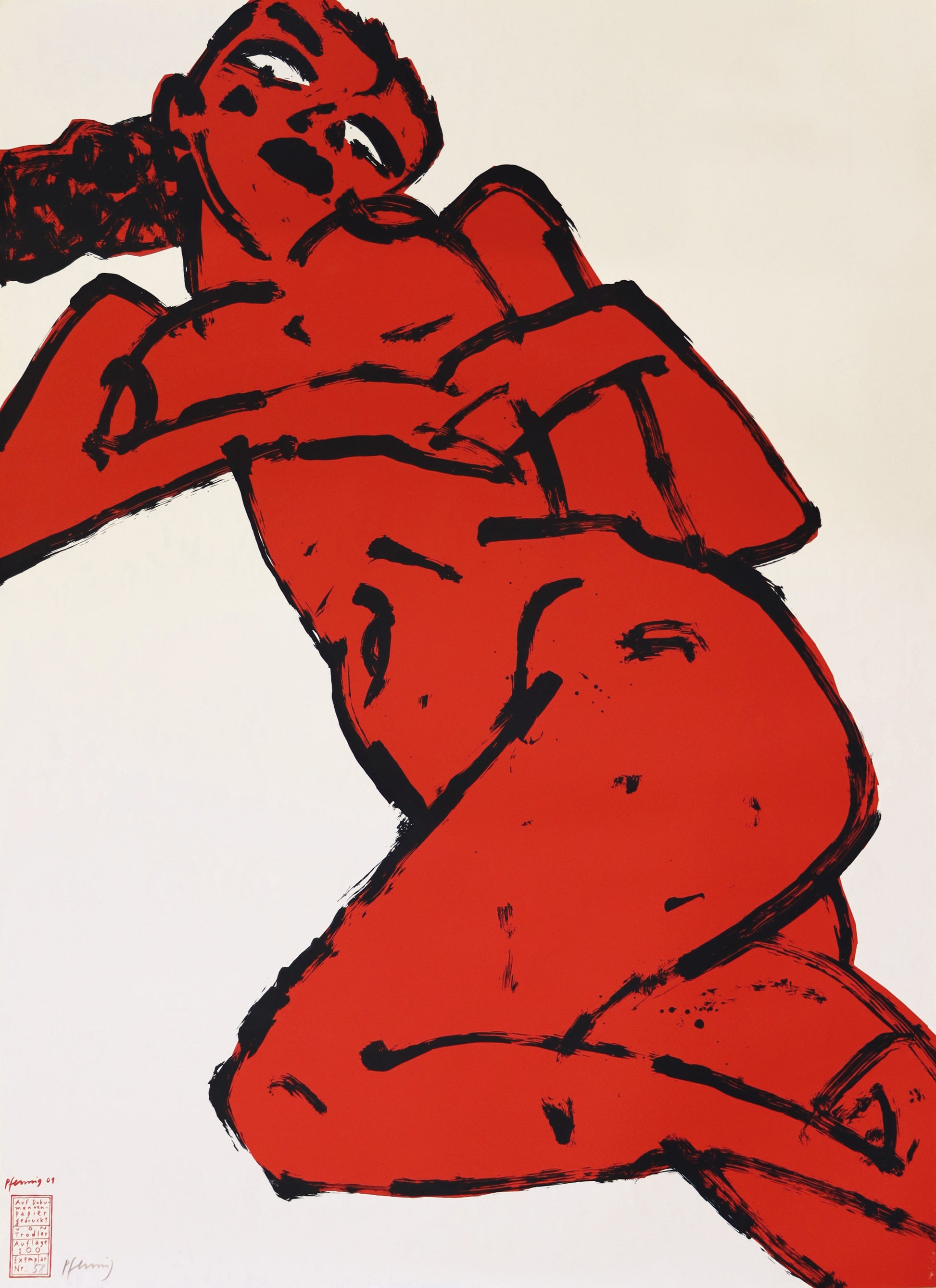 Druck Edition Trodler, von Wolf-Dieter Pfennig, Titel „Roter Akt - liegend“ – expressives Porträt einer Frau als liegender Akt, rot und schwarz, mit Vignette von Trodler und Exemplar-Nummer, erhältlich bei Galerie Waldbach - What The Artist Made