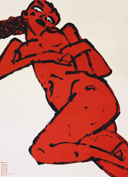 Druck Edition Trodler, von Wolf-Dieter Pfennig, Titel „Roter Akt - liegend“ – expressives Porträt einer Frau als liegender Akt, rot und schwarz, mit Vignette von Trodler und Exemplar-Nummer, erhältlich bei Galerie Waldbach - What The Artist Made
