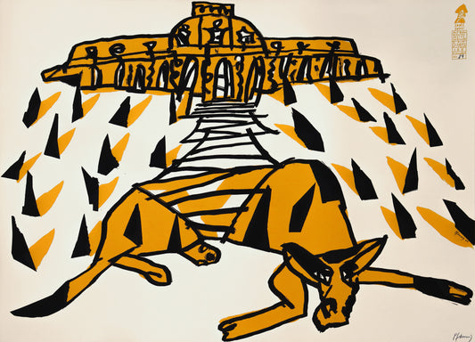 Druck Edition Trodler, von Wolf-Dieter Pfennig, Titel „Sanssouci“ – expressives Porträt von Schloss Sanssouci mit Kuh im Vordergrund, gelb-orange und schwarz, mit Vignette von Trodler und Exemplar-Nummer, signiert, erhältlich bei Galerie Waldbach - What The Artist Made
