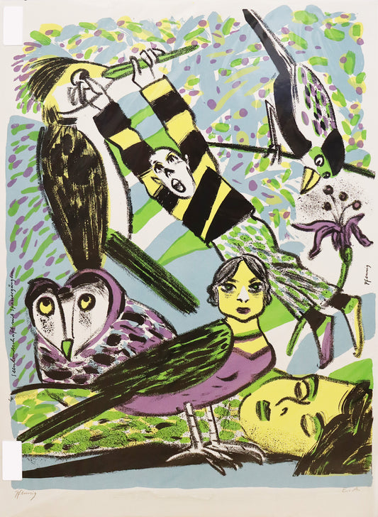 Druck Edition Trodler, von Wolf-Dieter Pfennig, Titel "Seenlandschaft mit Spaziergängern" – expressive  Darstellung von Menschen und Vögeln. Eule, Specht und andere Tiere, auch ein Mischwesen (Harpyie). Am Schnabel des Spechtes hängt eine Person, eine andere ist liegend unten am Bildrand mit geschlossenen Augen. Unten links Titel des Bildes und Signatur Pfennig. Erhältlich bei Galerie Waldbach - What The Artist Made 