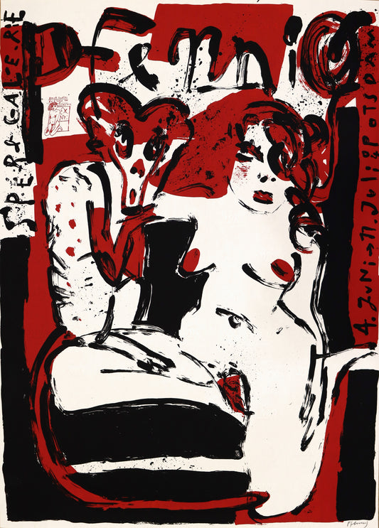Druck Edition Trodler, von Wolf-Dieter Pfennig, Titel „Sperlgalerie“ – expressives Porträt einer Frau als sitzender Akt und Affe, umgeben von Schrift „Pfennig“, „Sperl-Galerie“ „4.Juni-11.Juli Potsdam, Ausstellungs-Druck, rot und schwarz, mit Vignette von Trodler, erhältlich bei Galerie Waldbach - What The Artist Made