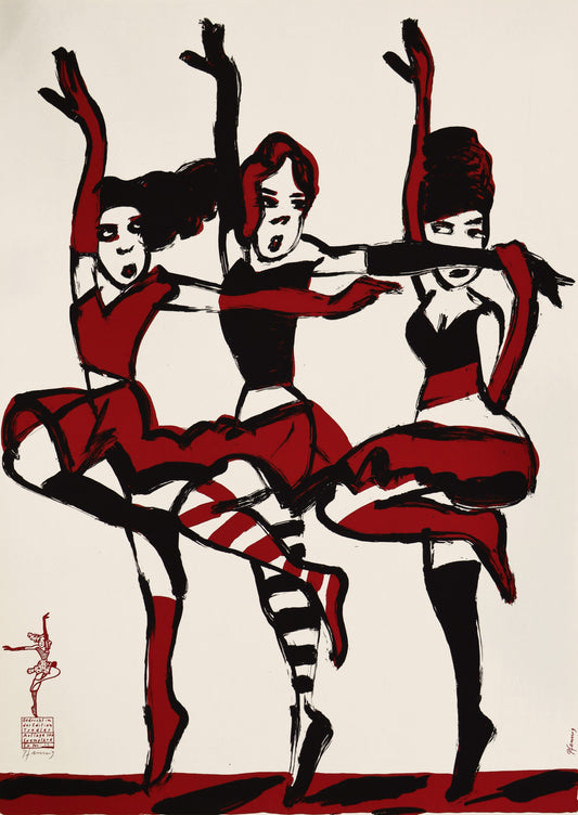 Druck Edition Trodler, von Wolf-Dieter Pfennig, Titel „Tänzerinnen“ – expressives Porträt einer Gruppe Tänzerinnen im Stil Cancan, rot und schwarz, mit Vignette von Trodler und Exemplar-Nummer, signiert, erhältlich bei Galerie Waldbach - What The Artist Made