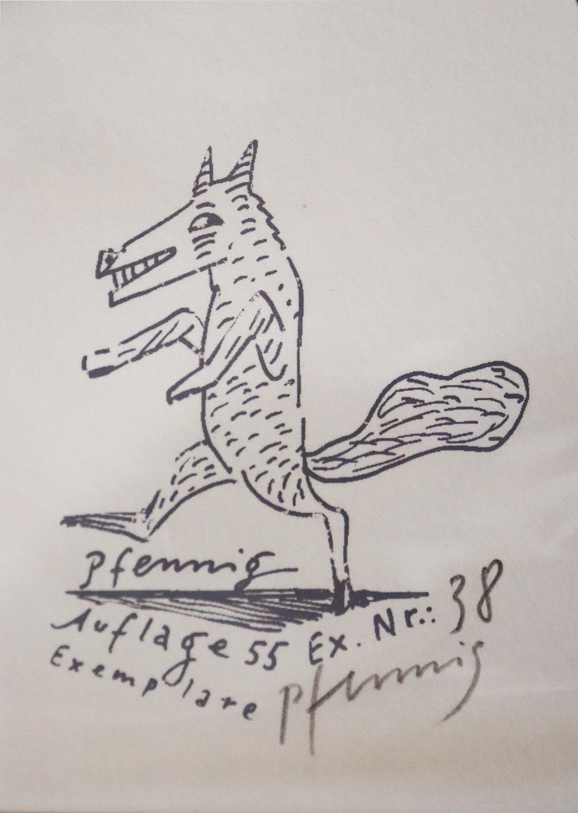 Druck Edition Trodler, von Wolf-Dieter Pfennig, Titel "Alles flüchtig, alles nichtig" – Detailaufnahme der Vignette Edition Trodler und Signatur Pfennig. Erhältlich bei Galerie Waldbach - What The Artist Made