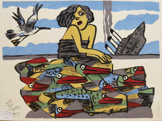 Druck Edition Trodler, von Wolf-Dieter Pfennig, Titel "Alles flüchtig, alles nichtig" – expressive  Darstellung einer Frau, sitzend, umgeben von Fischen und Vögeln. Neben ihr eine fliegende Möwe und im Hintergrund ein sinkendes Schiff. Unten links Vignette Edition Trodler und Signatur Pfennig. Erhältlich bei Galerie Waldbach - What The Artist Made