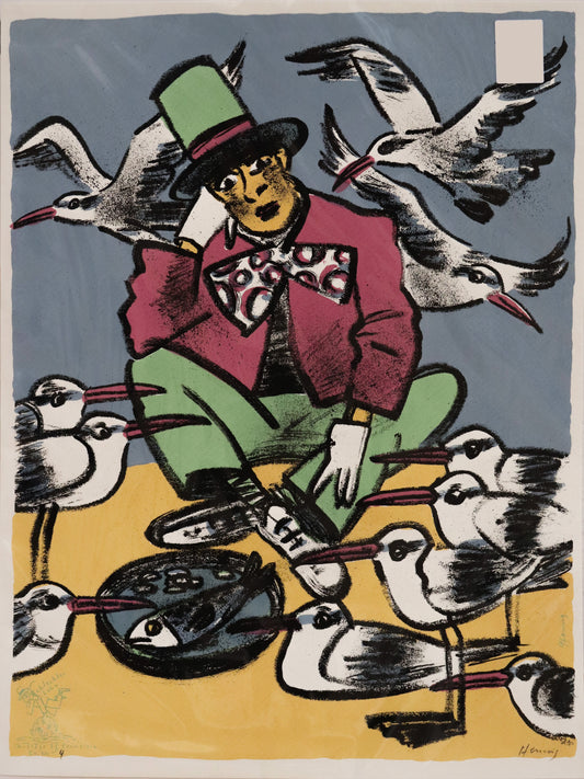 Druck Edition Trodler, von Wolf-Dieter Pfennig, Titel „Schlechter Lohn“ – expressive  Darstellung eines Artisten, sitzend. Vor ihm ein Teller mit einem Fisch. Er ist umgeben von Möwen und starrt auf den Teller. Mit Vignette und Auflagennummer, erhältlich bei Galerie Waldbach - What The Artist Made 