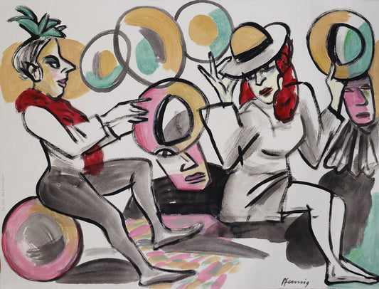 Original Mixed-Media-Malerei von Wolf-Dieter-Pfennig, Titel "Bei der Hutmacherin" – expressive Darstellung von zwei Frauen, sitzend und von Hüten/Kreisformen umgeben. Gesichter im Hintergrund.  Mixed Media auf Papier, signiert, erhältlich bei Galerie Waldbach, What the Artist Made